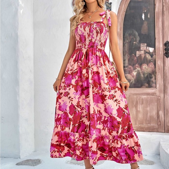 🔥🆕 ANNA-KACI CALIFORNIA Floral Tie-Shoulder Frill Trim Smocked Dress medium - Picture 2 of 13